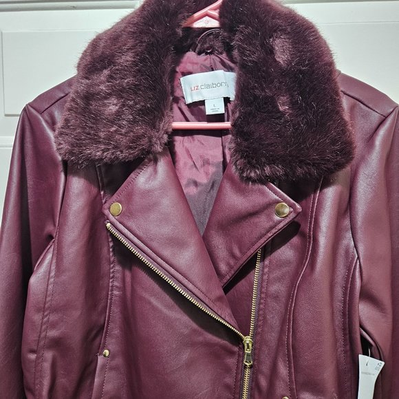 NEW Liz Claiborne Removable Faux Fur Collar Zip Coat size L Faux Leather Maroon - Picture 4 of 15